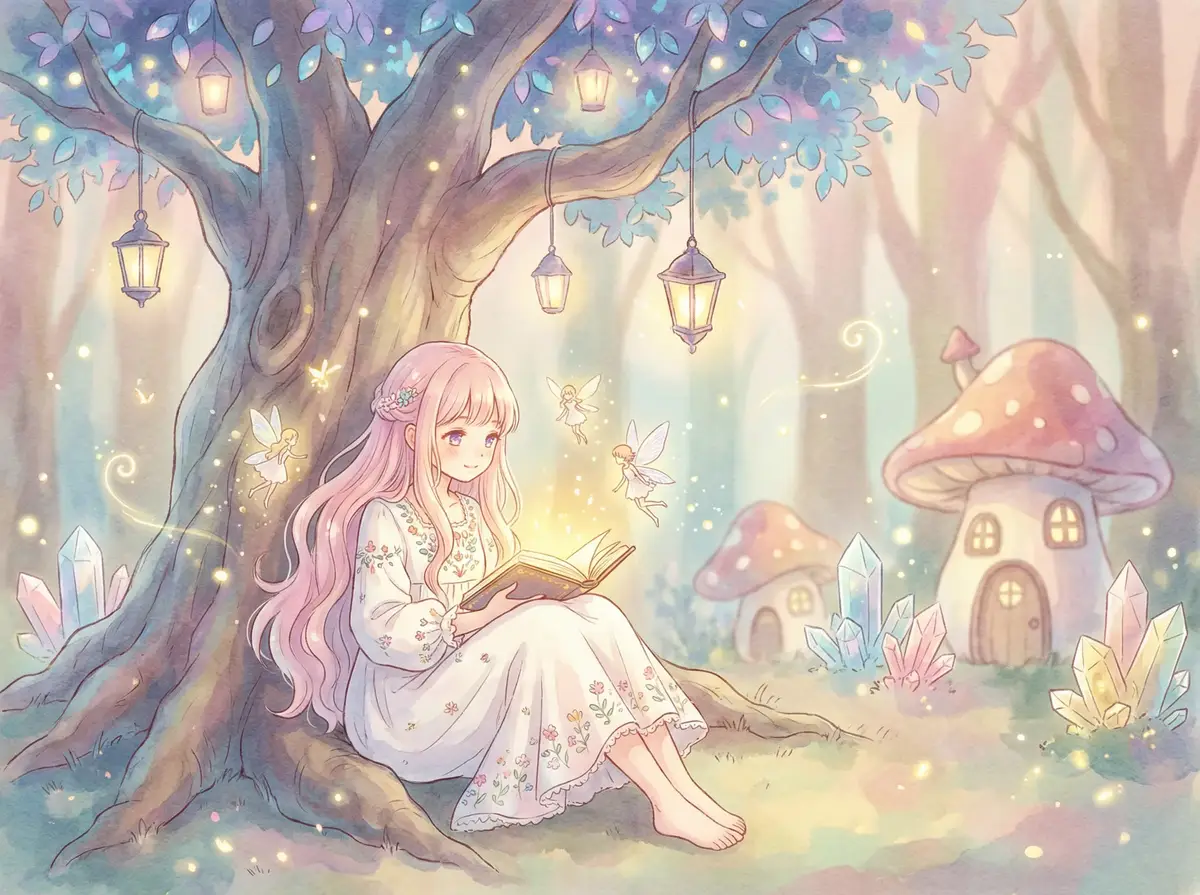 萝莉岛 精选 - 魔法大树下阅读发光故事书的粉发少女