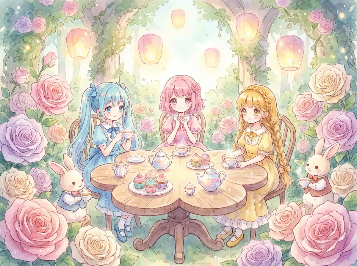 花间鹿作品 - 玫瑰花园童话茶会插画